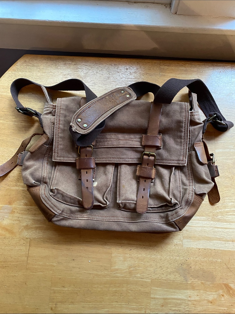 Augur Strauss & Co Brown Canvas Leather Trim Messenger Bag Field Satchel Large